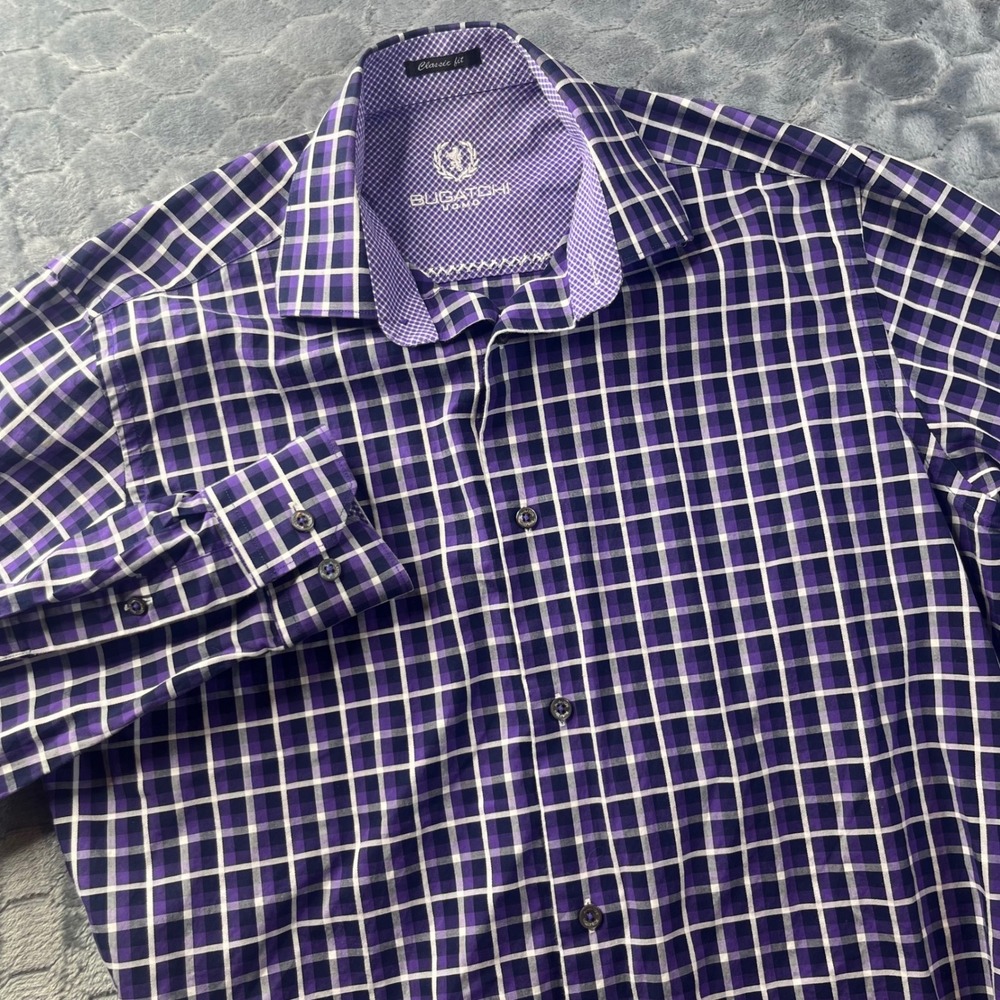 Bugatchi Uomo Button Down Shirt Mens Small Purple Plaid Classic Fit Long Sleeve